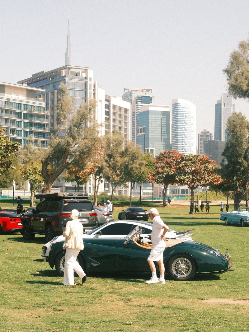 A vintage car parked on a green lawn with people interacting in an urban park setting.