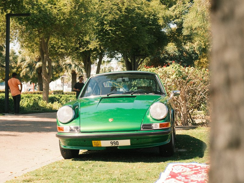 A vintage green sports car parked on grass with trees in the background.