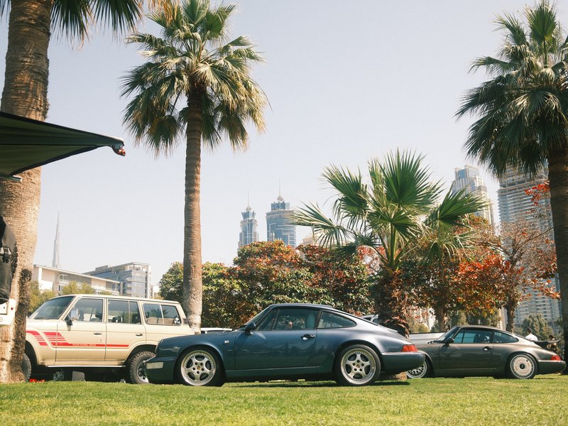 A blue sports car parked on grass with palm trees and city buildings in the background.