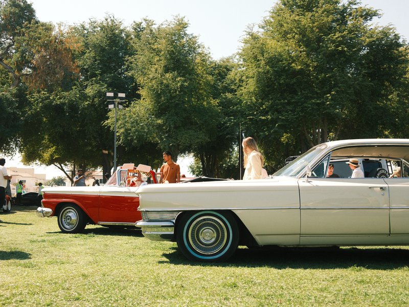 Two classic cars parked on a grassy area with trees in the background during a sunny day.