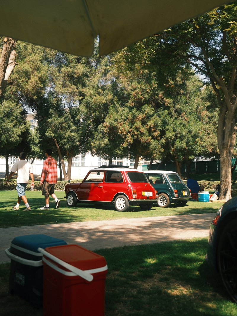 Two classic cars parked on a grassy area with people walking nearby under a sunny sky.