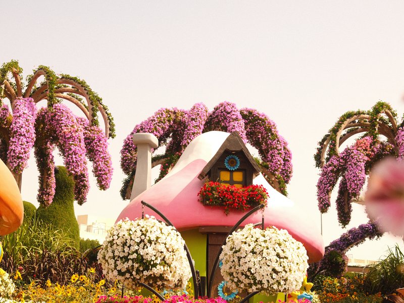 A whimsical pink house surrounded by colorful flowers and trees with purple blossoms under a clear sky.