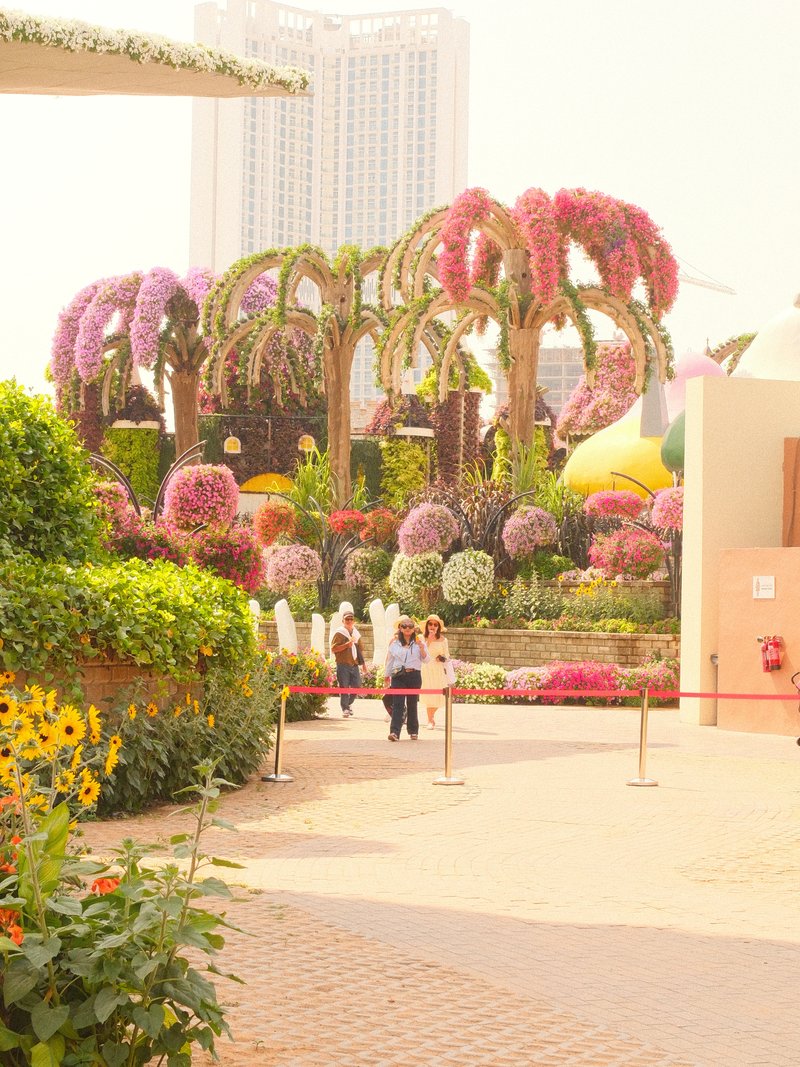 A vibrant garden with colorful flowers and palm-like trees, people walking along a pathway.