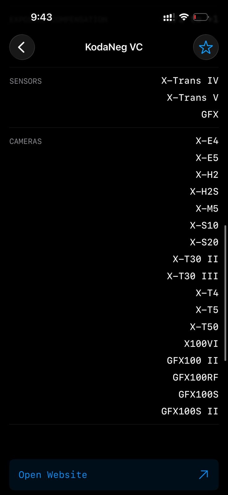 Screenshot of camera and sensor information from KodaNeg VC app.