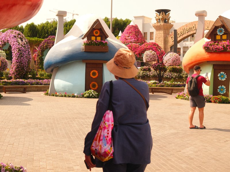 A person in a hat walking towards colorful mushroom-shaped houses in a floral garden.