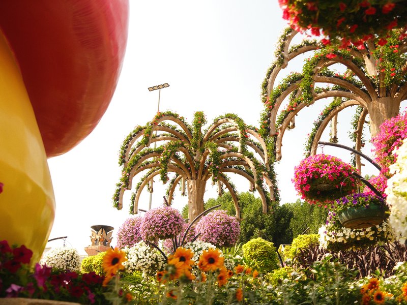 Colorful flower garden with large sculptures and palm trees under bright sunlight.