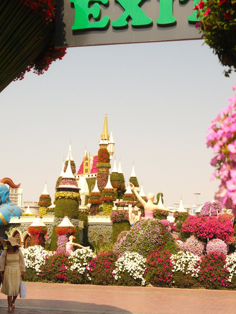 Colorful floral display with a castle in the background, framed by vibrant flowers and an exit sign.