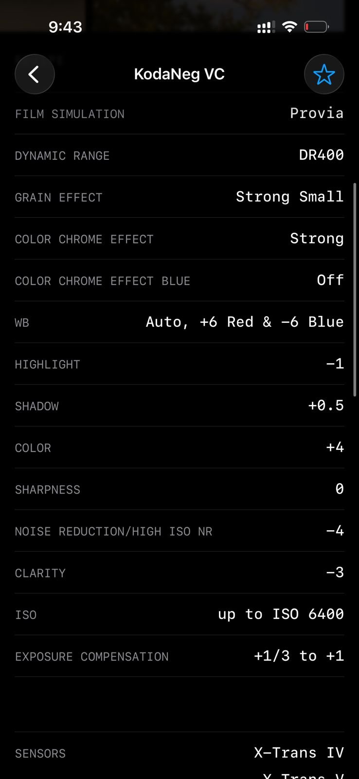 Screenshot of film simulation settings for KodaNeg VC Provia with various adjustments.