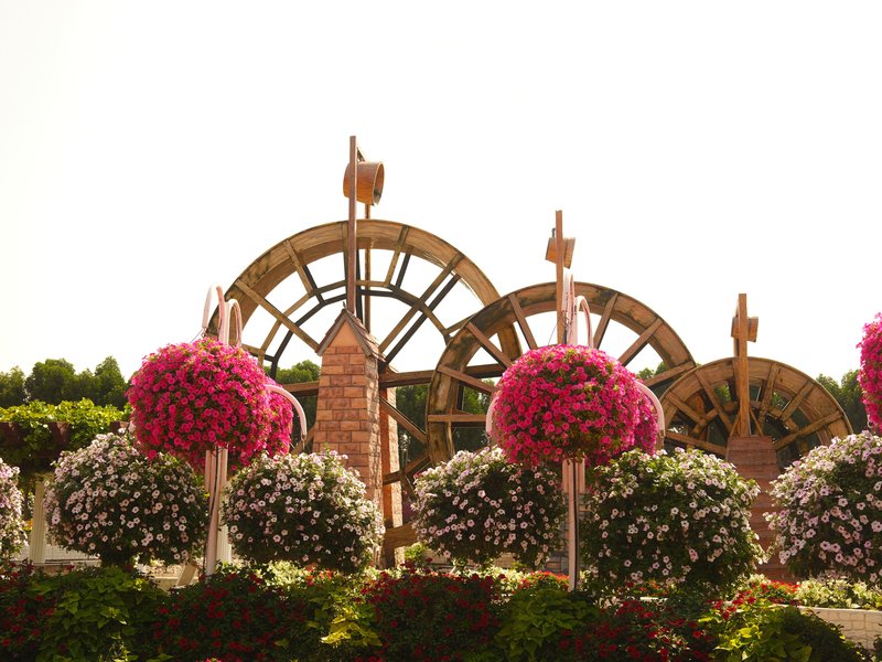 Colorful flower arrangements in front of decorative water wheels against a bright sky.
