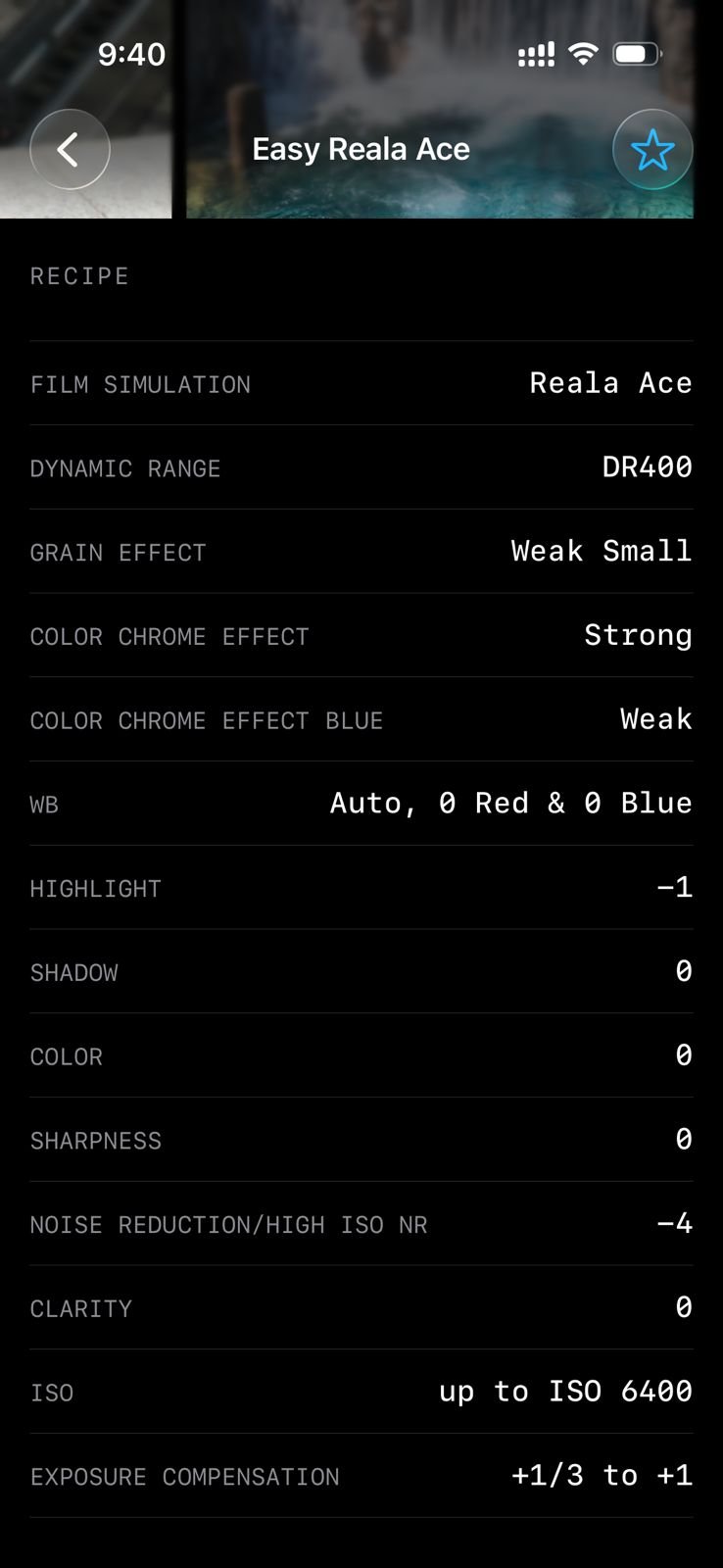 Photo editing settings for Fujifilm film simulation recipe titled 'Easy Reala Ace'.