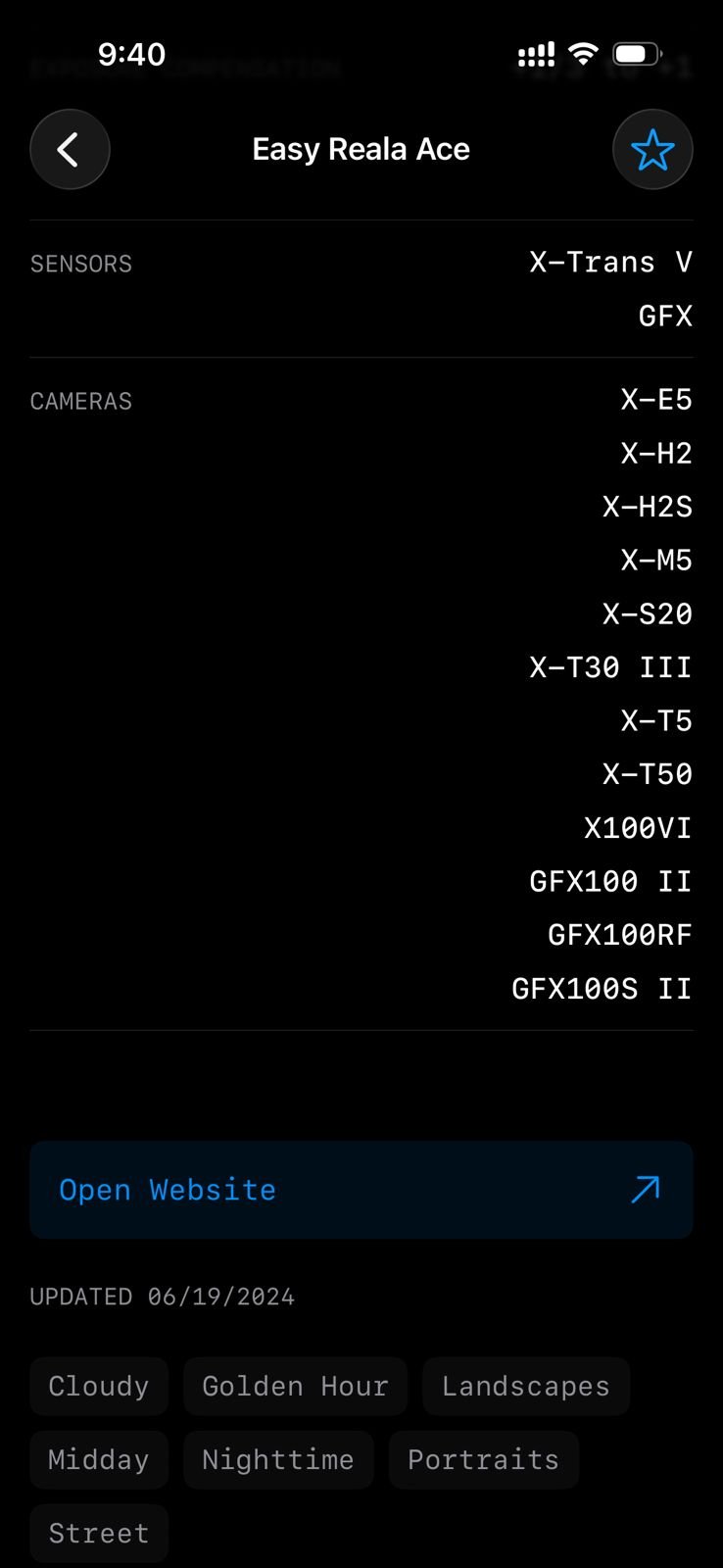 Screenshot of camera specifications and settings from a mobile app interface.