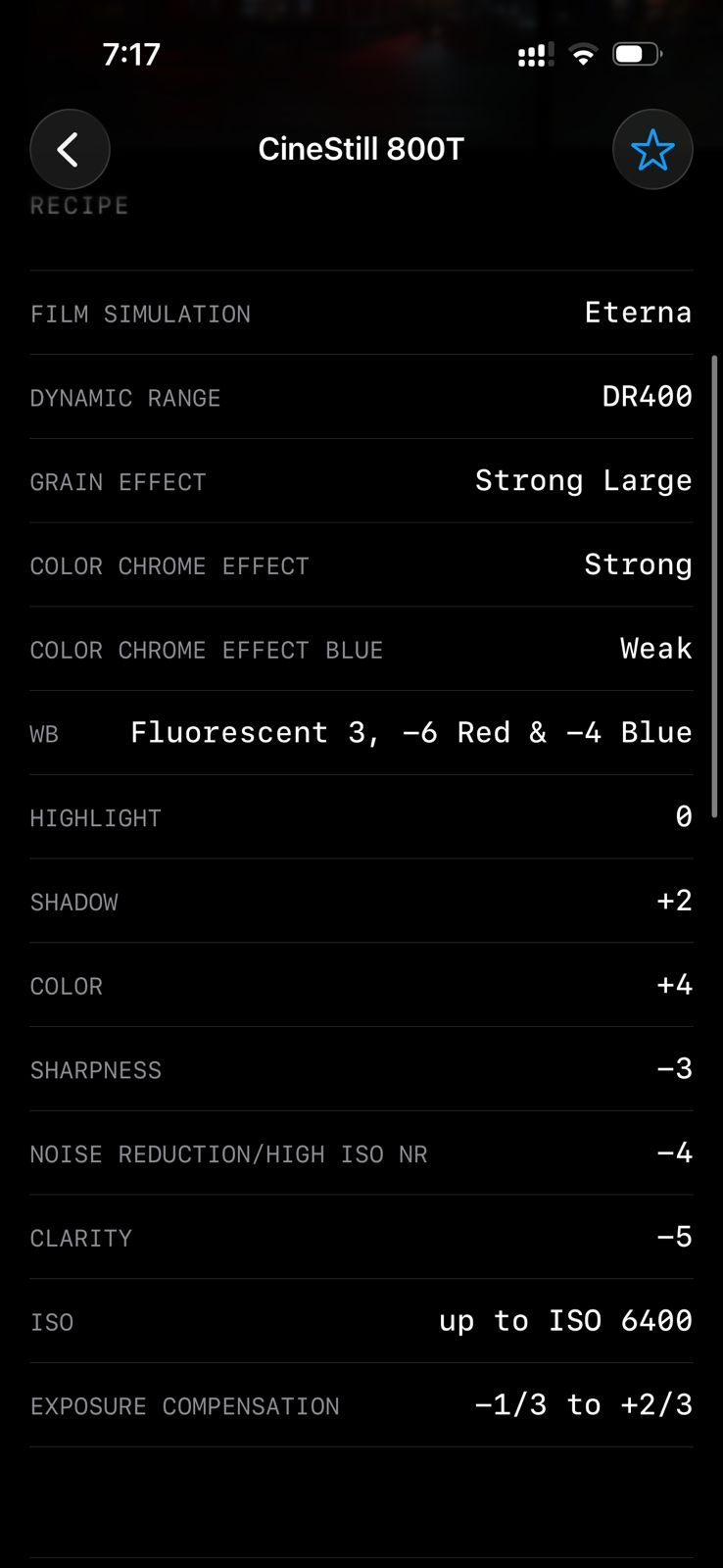 Settings for a film simulation recipe on a mobile device screen.