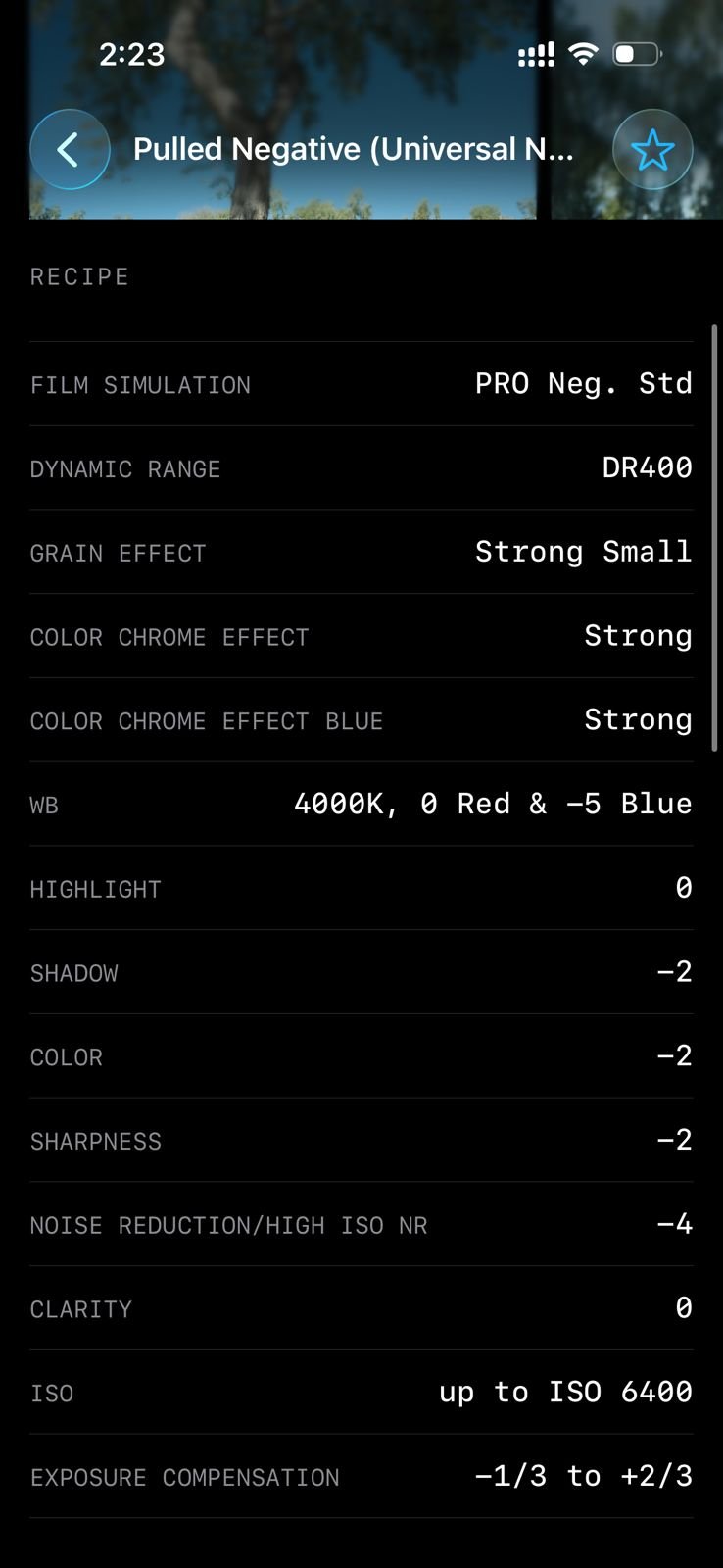A smartphone screen displaying photo editing settings for a pulled negative film simulation.