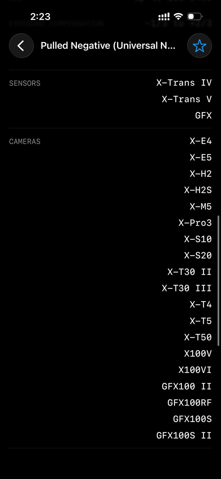Screenshot of camera and sensor models from Fujifilm.