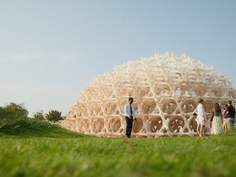 A modern architectural structure made of interconnected shapes, with people interacting around it on green grass.