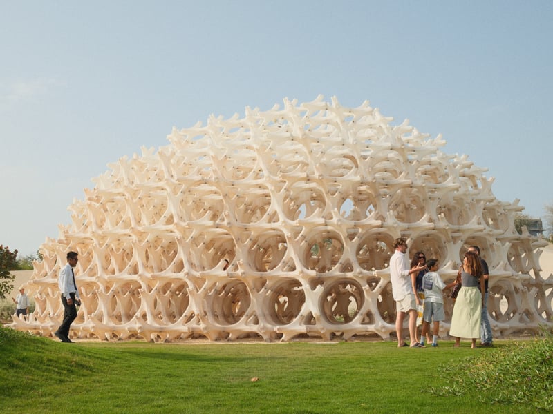 A group of people interacting around a large, honeycomb-like structure in a green outdoor setting.