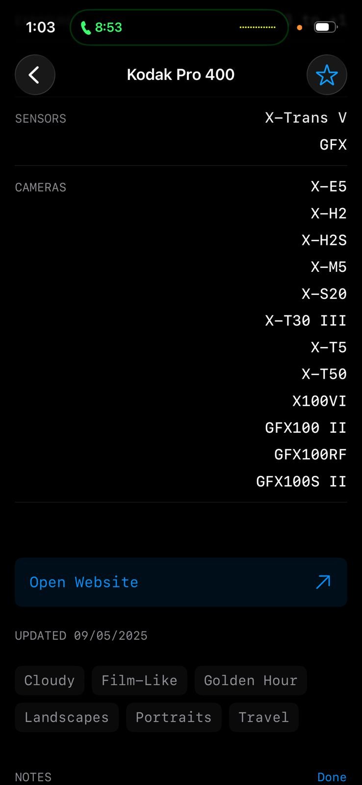 Screenshot of camera settings and film simulation details for a photo taken with Kodak Pro 400.