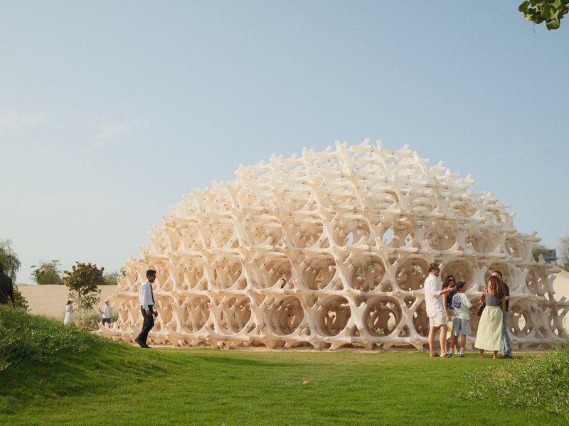 A large, dome-shaped structure made of circular elements, surrounded by green grass and people interacting.