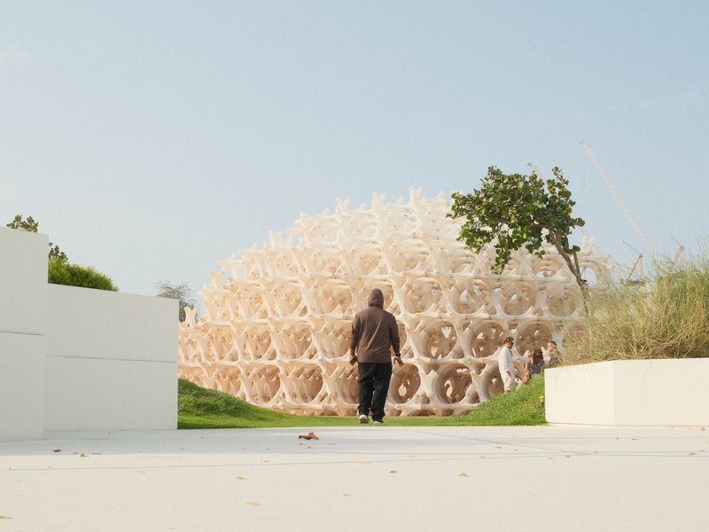 A person walking towards a large, dome-shaped structure made of interconnected circles, surrounded by greenery.