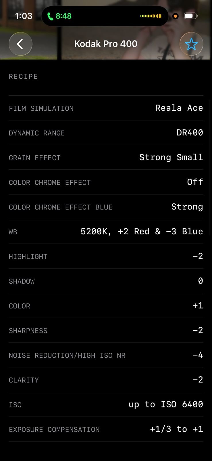 Photo editing settings for Kodak Pro 400 film simulation with various adjustments listed.