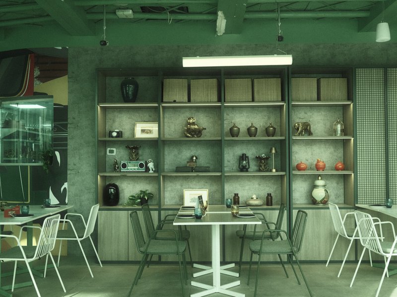 A modern cafe interior featuring a decorative shelf with various vases and artifacts.