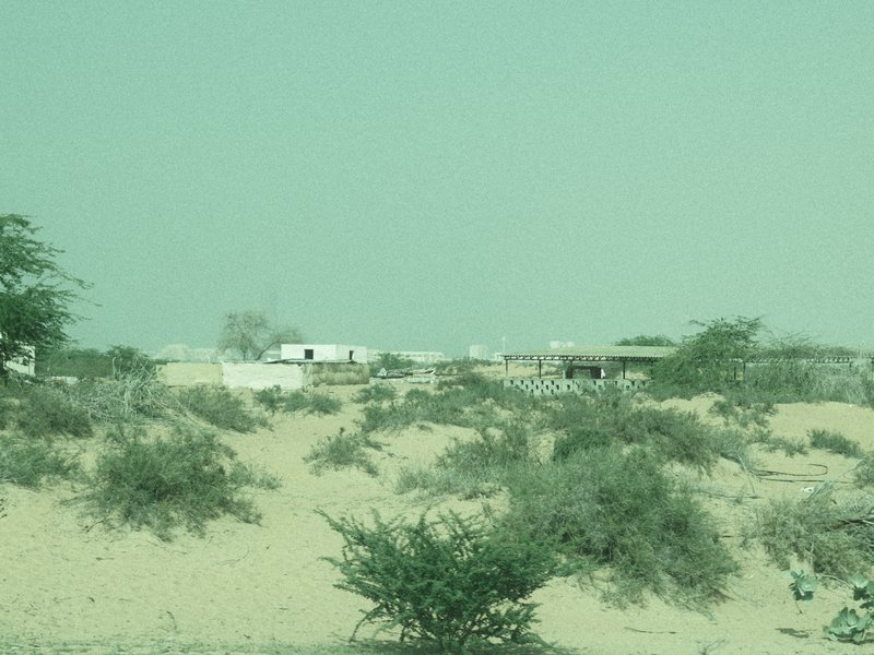 A desolate desert landscape with sparse vegetation and distant white structures under a hazy sky.