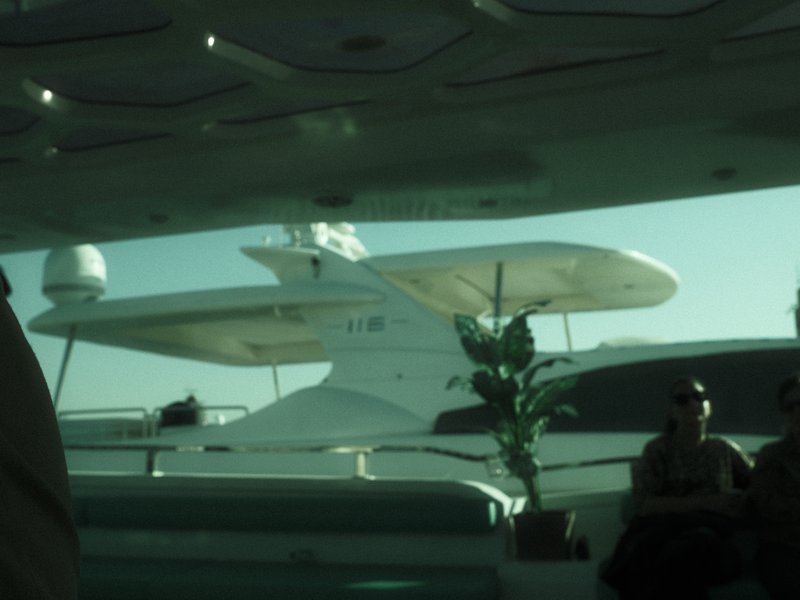 A view of a yacht from inside another vessel, with a greenish tint and a plant in the foreground.