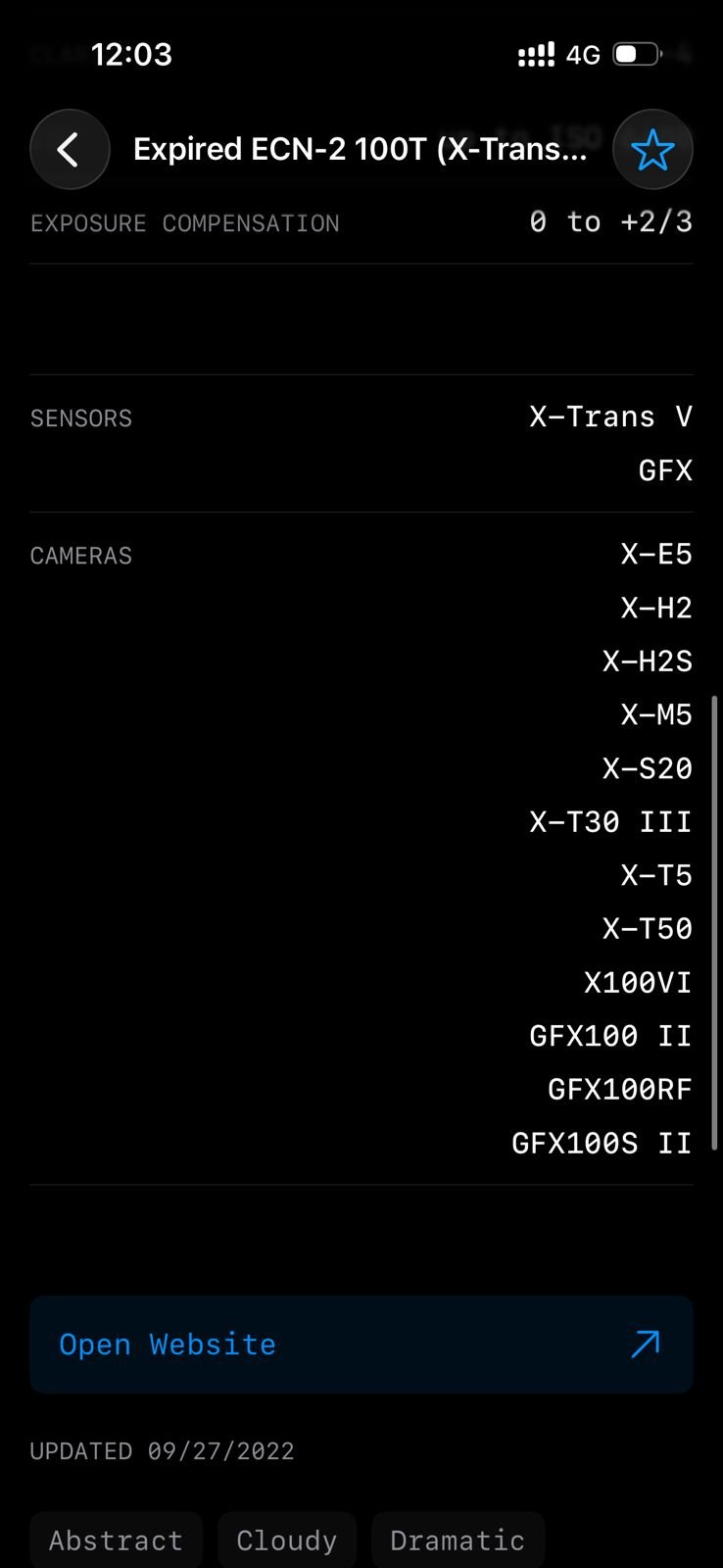 Screen displaying camera settings and film simulation details with a dark background.