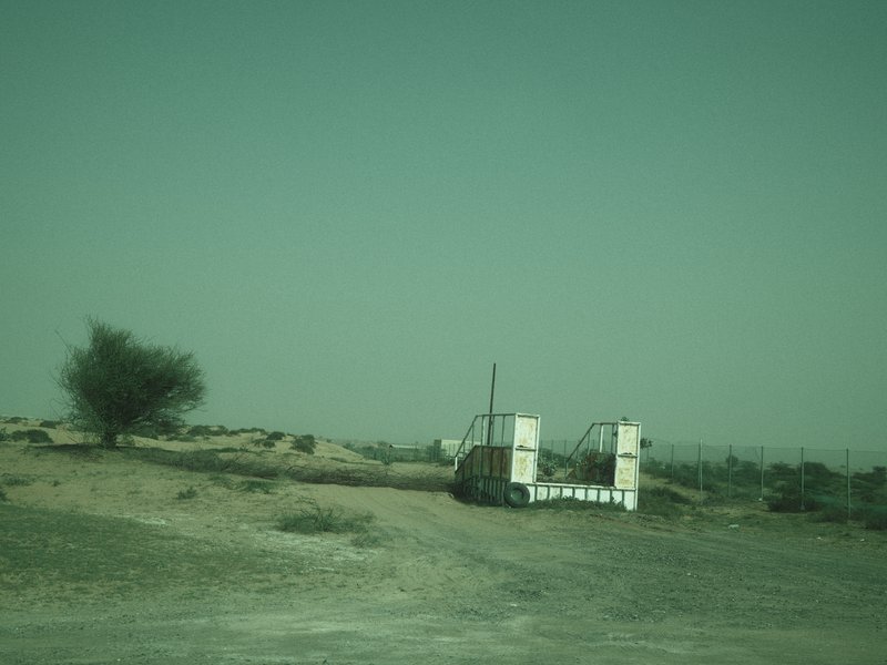 A desolate landscape featuring a lone tree and an abandoned structure under a greenish tint.
