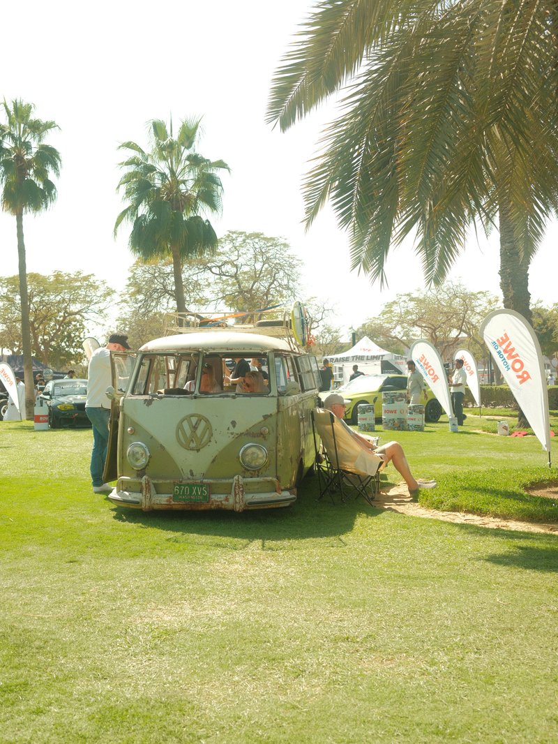 A vintage Volkswagen van parked on a grassy area with palm trees in the background.