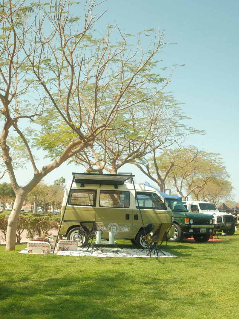 A vintage camper van parked under trees in a grassy area with other vehicles in the background.