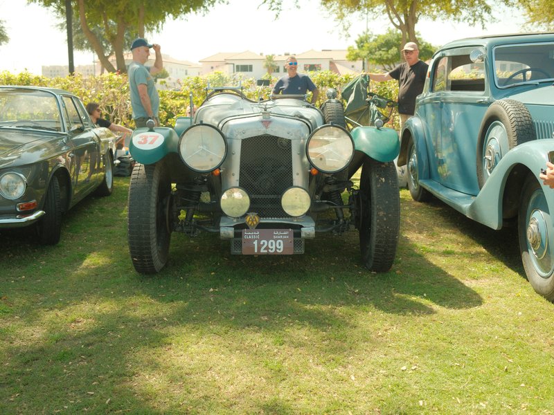 Classic vintage cars parked on grass with people gathered around them under trees.
