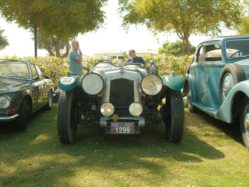 A vintage car parked on grass with two people in the background and other classic cars nearby.