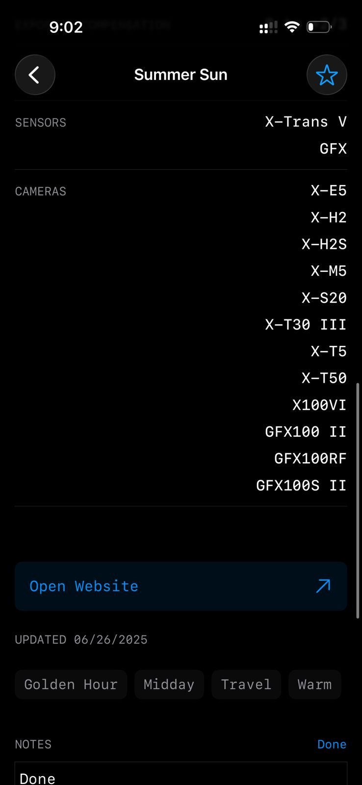 Screenshot of camera settings and details for a photo titled 'Summer Sun'.