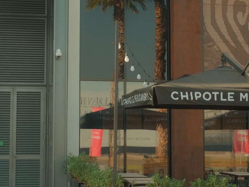 A Chipotle restaurant with palm trees and decorative lights reflected in the glass facade.