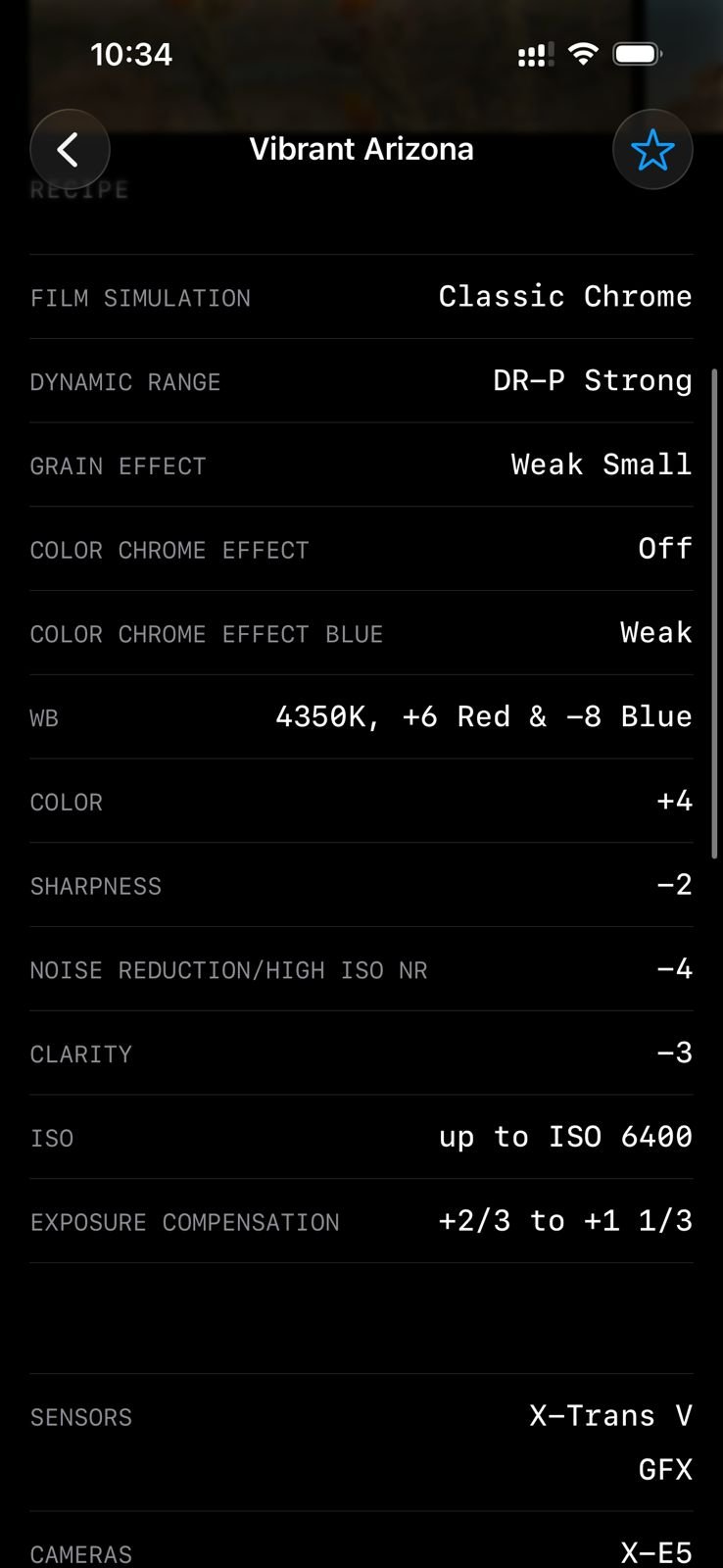 Photo settings display showing film simulation details for 'Vibrant Arizona'.