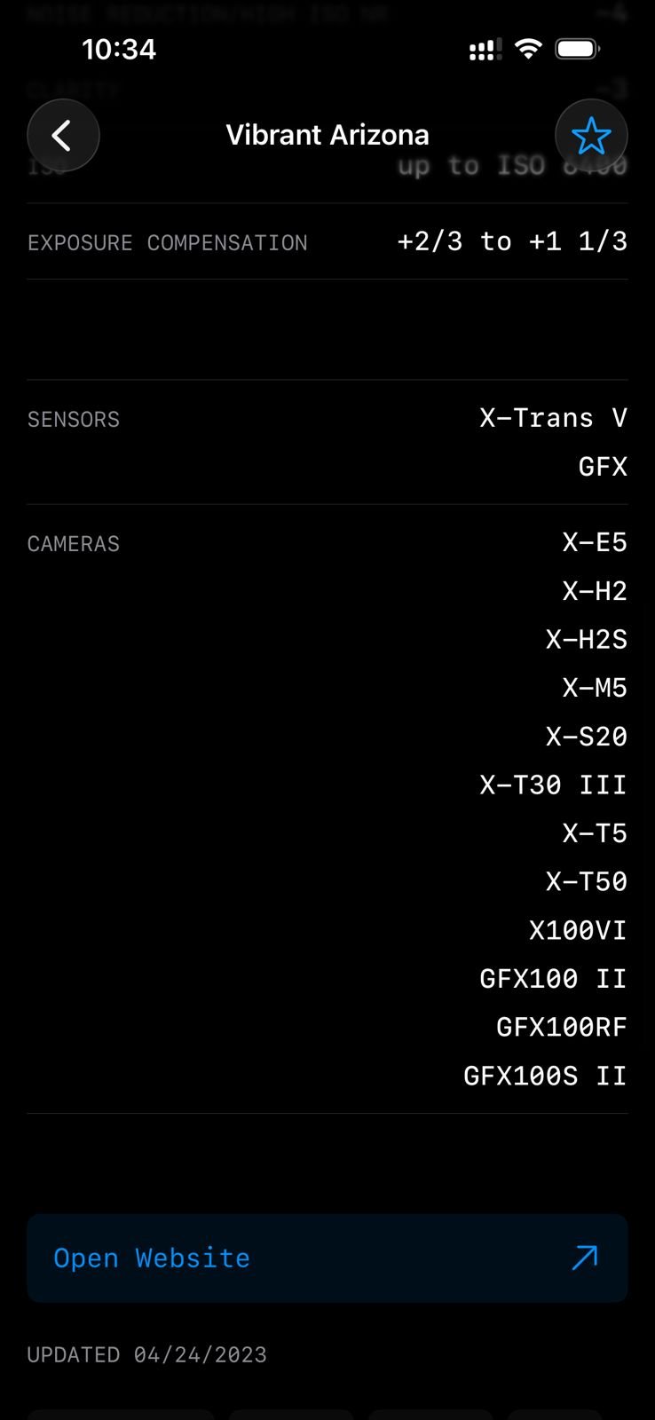 Screenshot of camera settings and specifications for Fujifilm film simulation recipes.