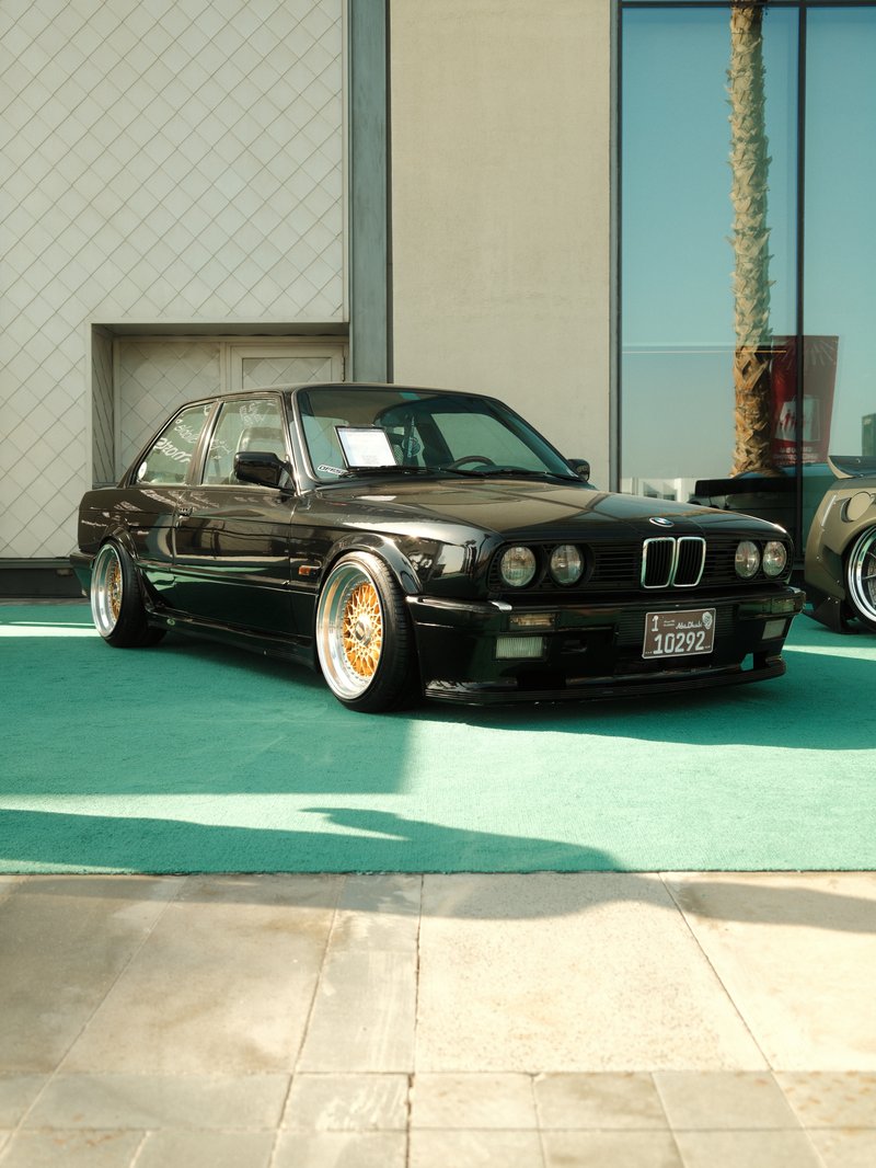 A lowered black BMW car parked on a green carpet with palm trees in the background.
