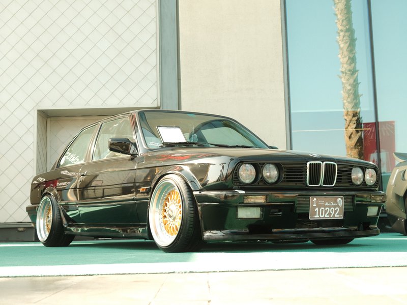 A lowered black BMW car parked on a green surface with a palm tree in the background.