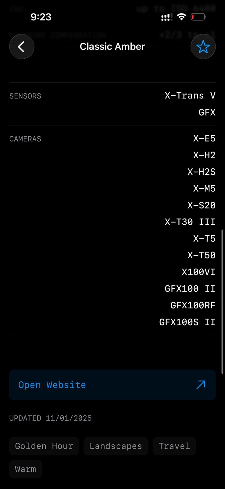Screenshot of camera settings and film simulation recipe details.