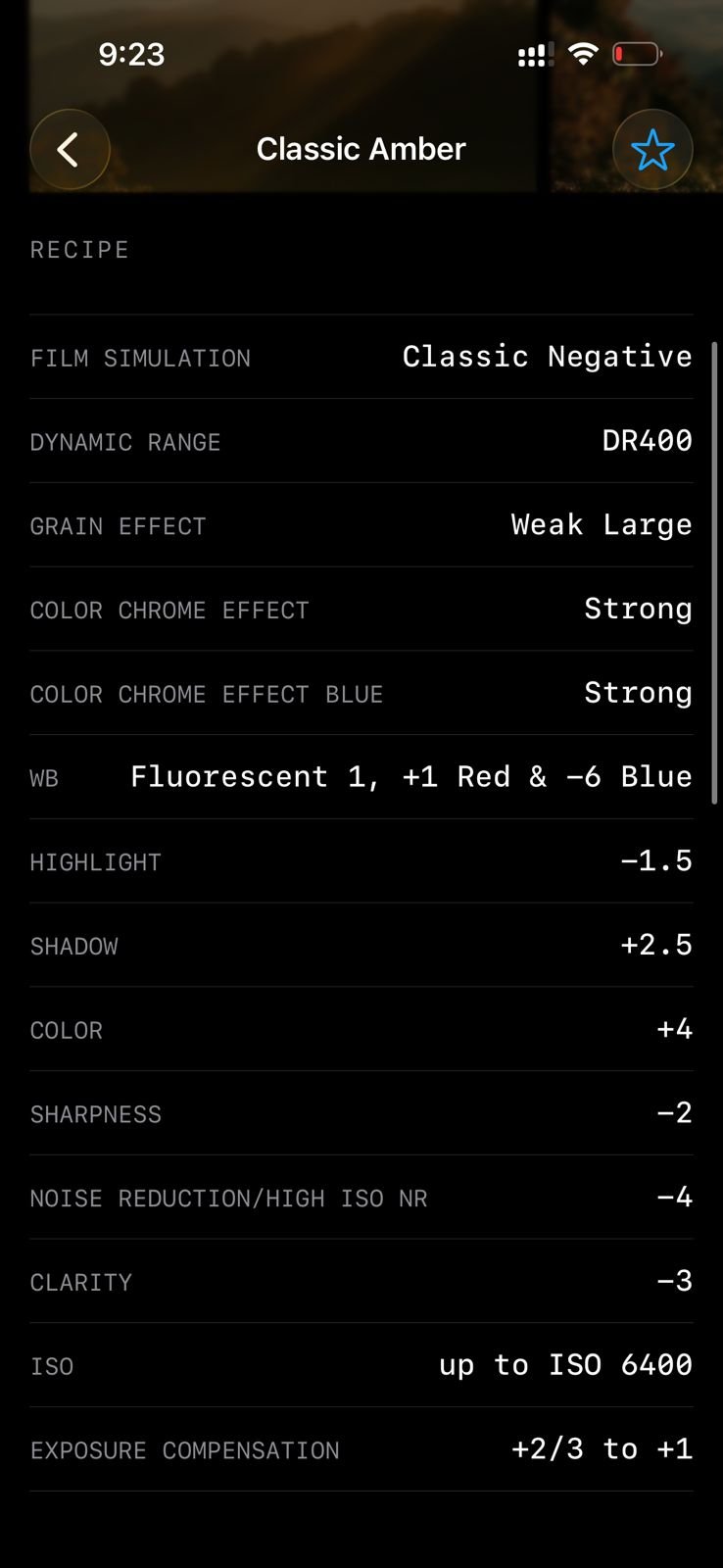 Settings for a Fujifilm film simulation recipe titled Classic Amber with various adjustments.