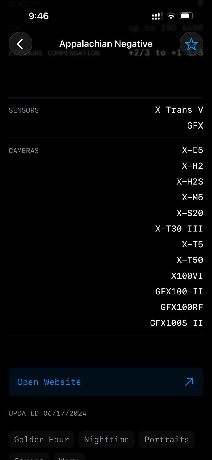 Screenshot of a mobile device displaying camera and sensor information for Fujifilm film simulation.