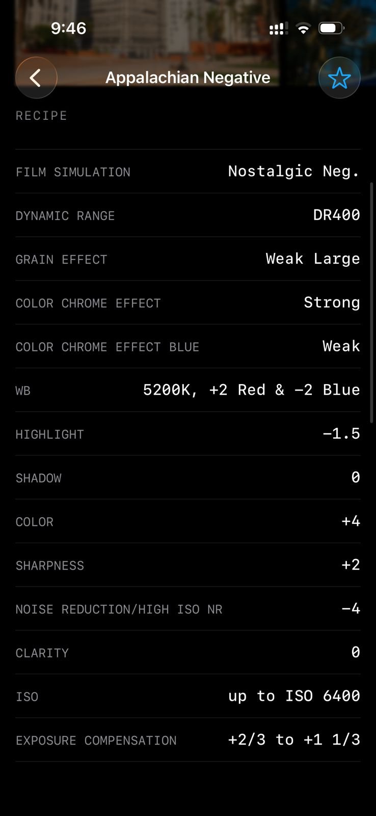 Photo settings for a film simulation named Appalachian Negative with various adjustments.