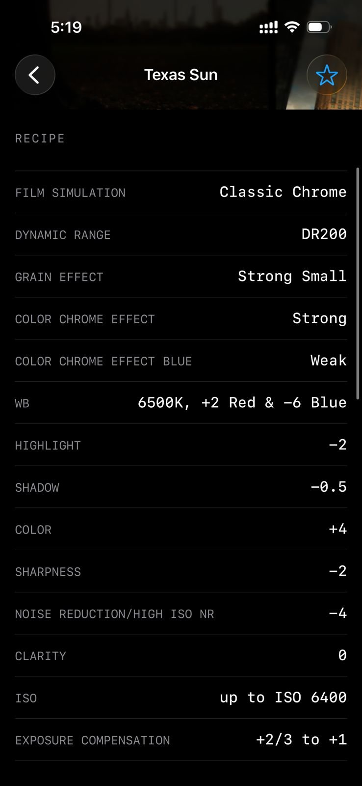 Photo editing settings for a Fujifilm film simulation titled 'Texas Sun'.
