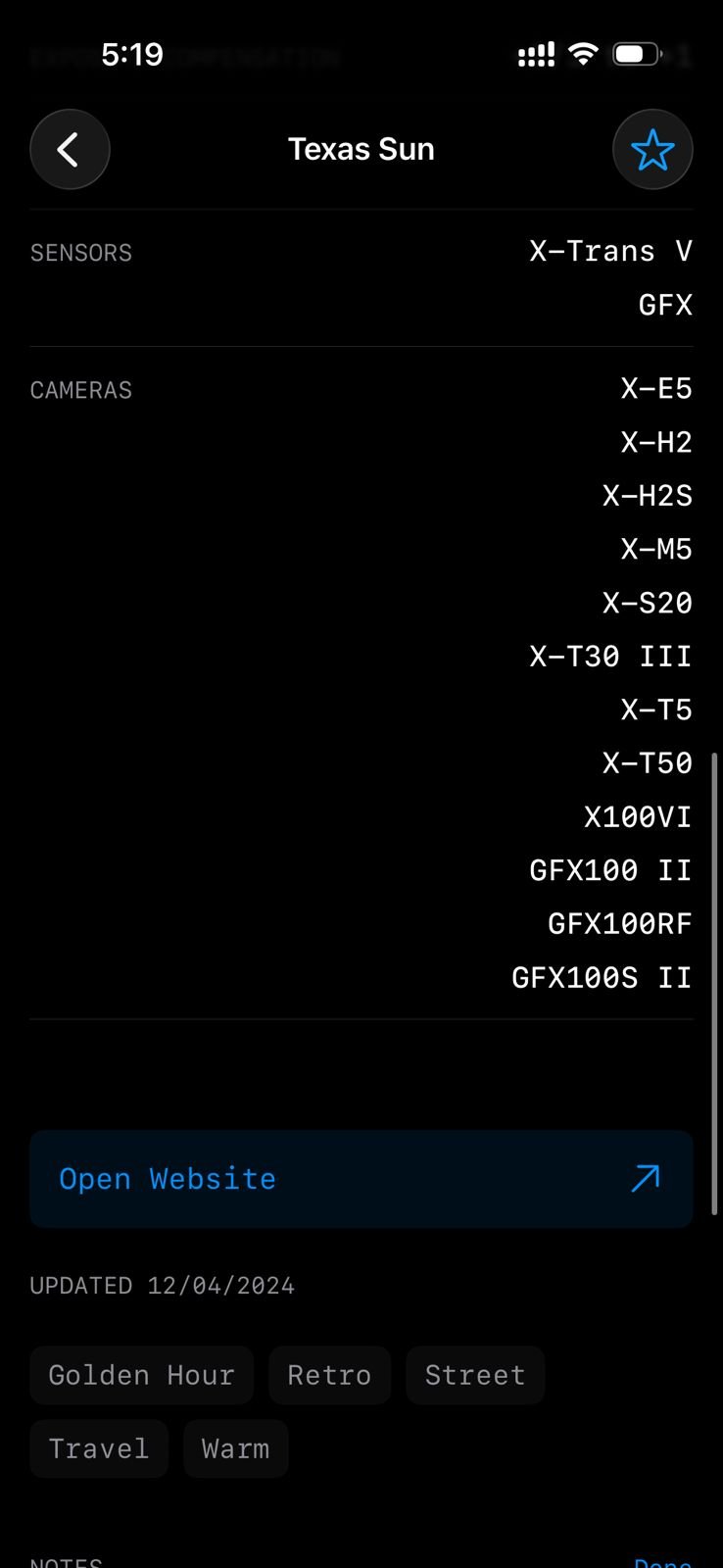 Screenshot of camera settings and details labeled 'Texas Sun' with various Fujifilm camera models listed.