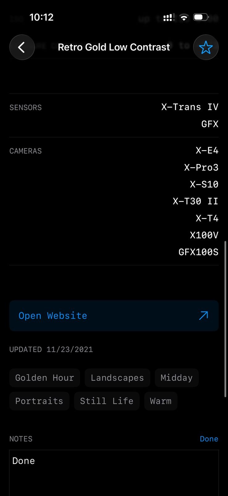 Screenshot of a mobile device displaying camera settings and film simulation details.