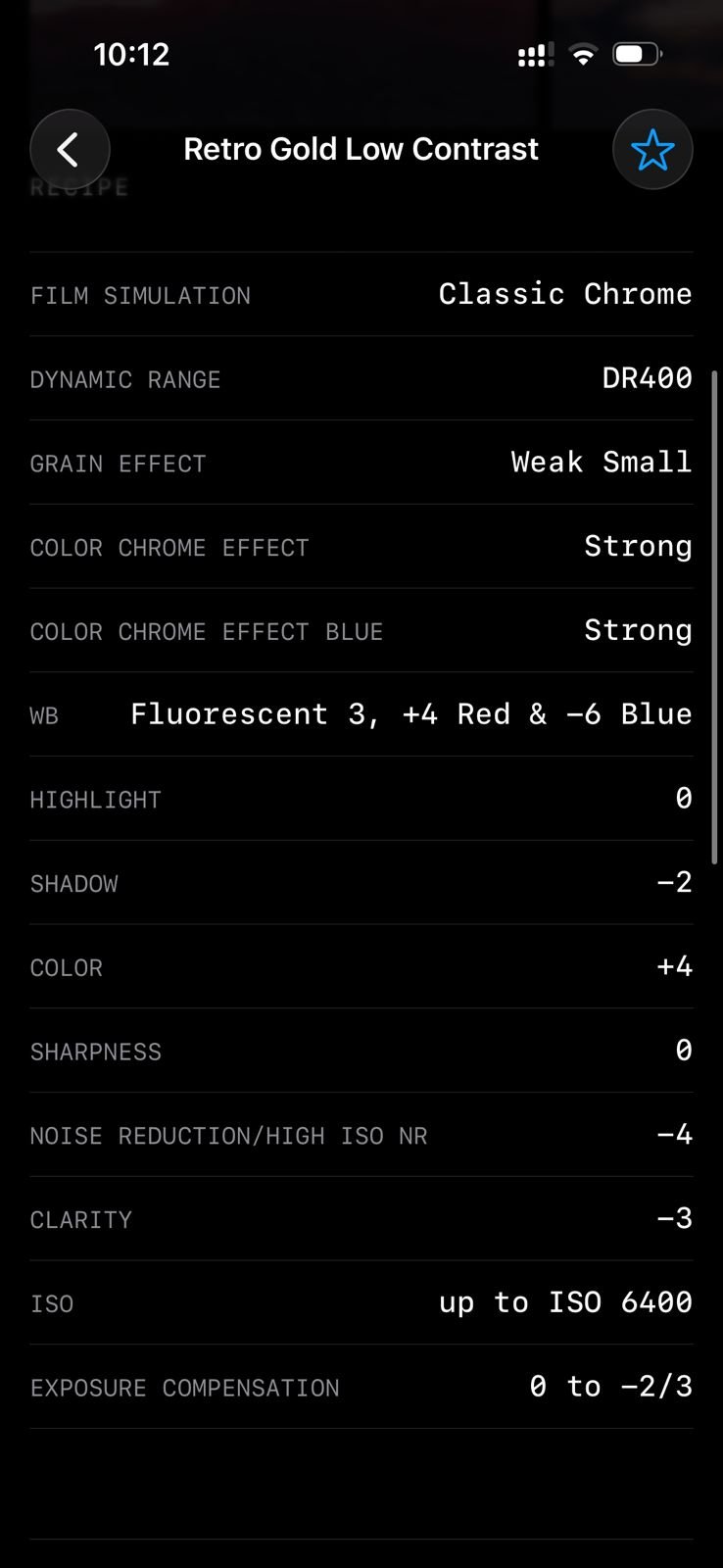 Settings for a Fujifilm film simulation recipe titled 'Retro Gold Low Contrast'.