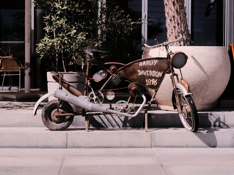 A vintage motorcycle parked on stone steps near a large planter and greenery.