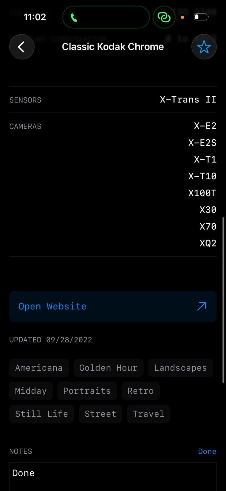 Screenshot of a mobile device displaying film simulation settings and metadata.