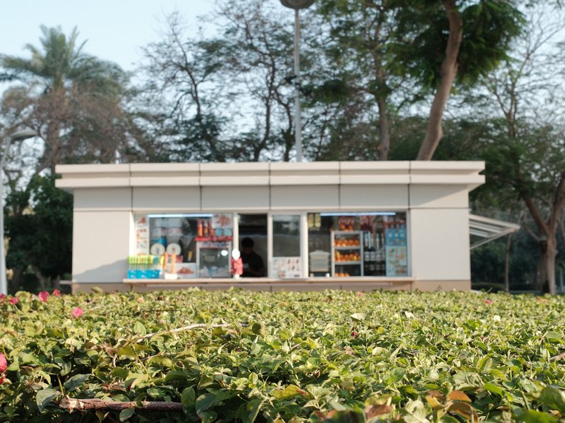 A small shop with large windows surrounded by green bushes and trees in a park setting.